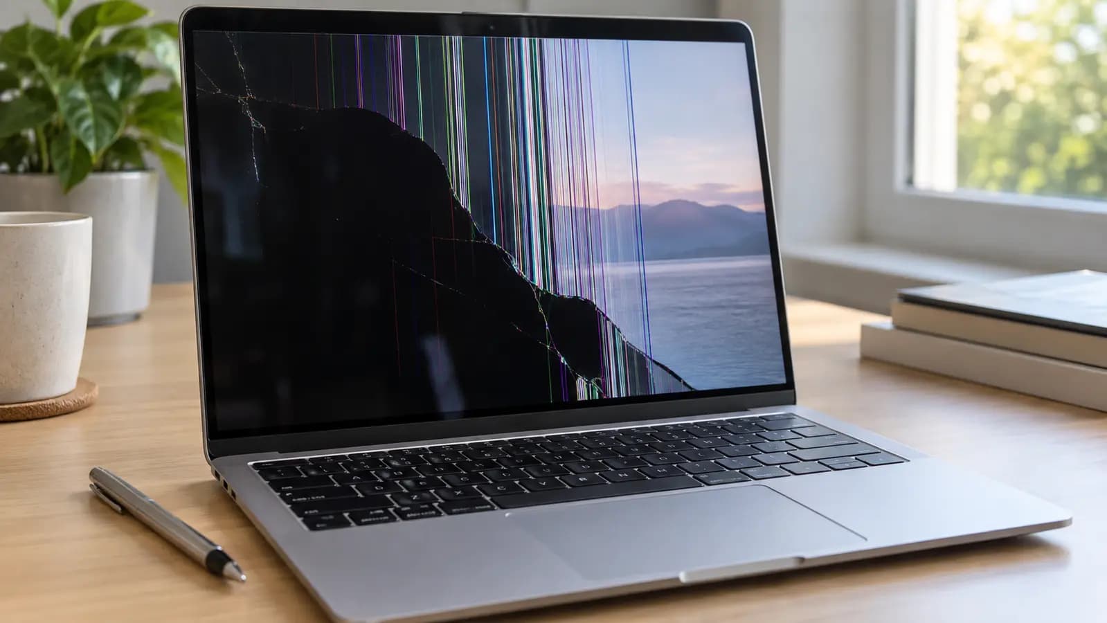 Thin laptop with internal LCD damage, black area and colored vertical lines
