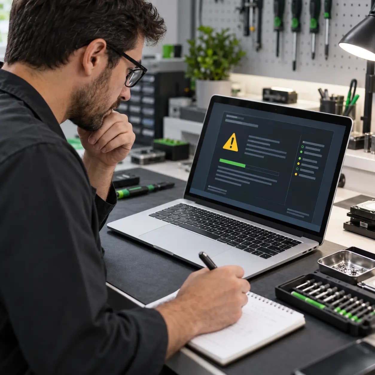 Technician reviewing a MacBook unexpected restart diagnostic report at a repair bench