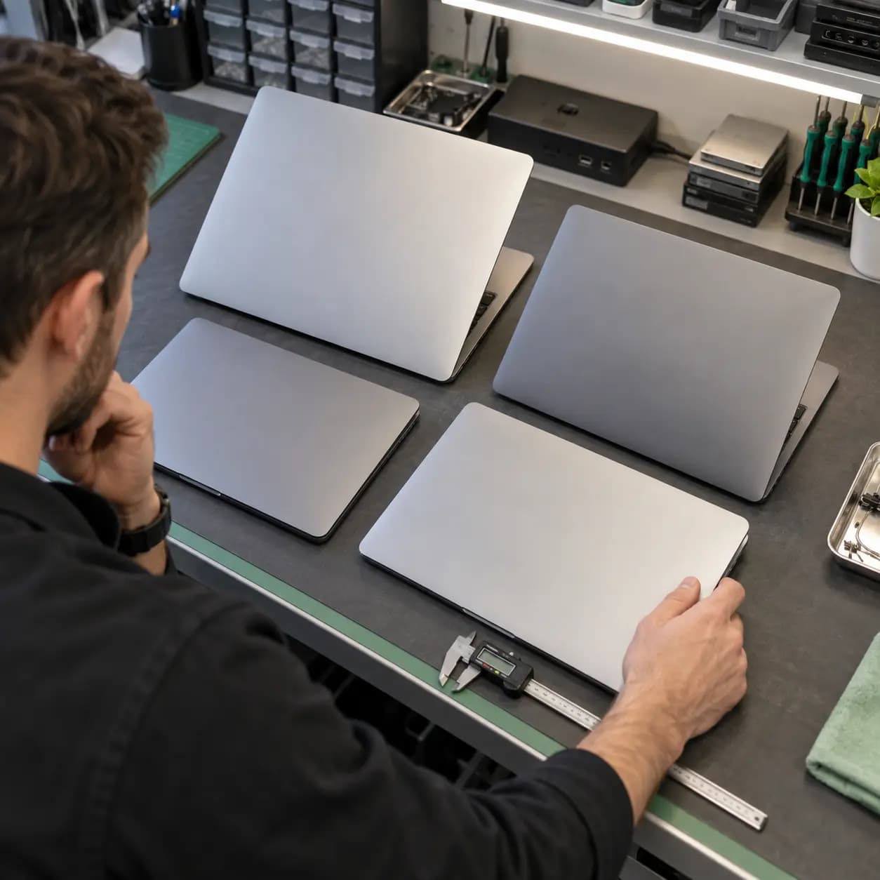 Four different MacBook designs arranged for model identification at a repair bench
