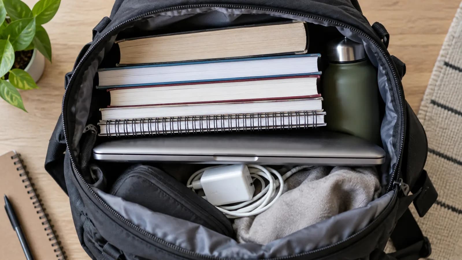 Overpacked backpack placing pressure on a closed thin laptop screen
