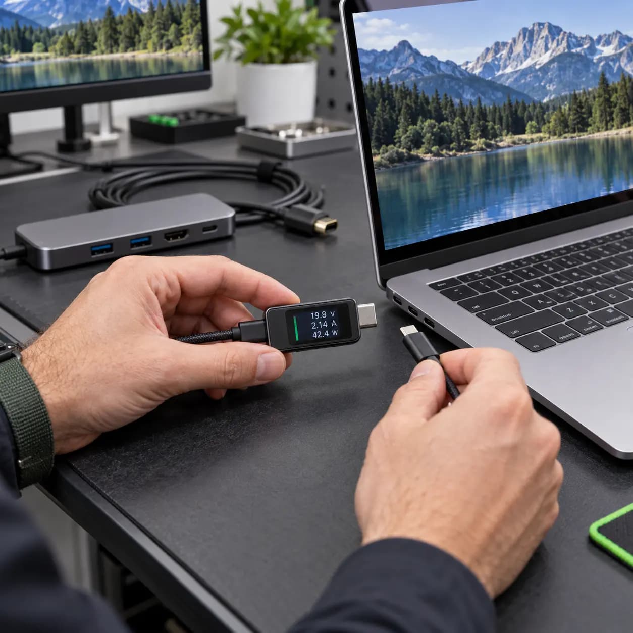 Technician testing a MacBook USB-C port with a power meter and known-good cable