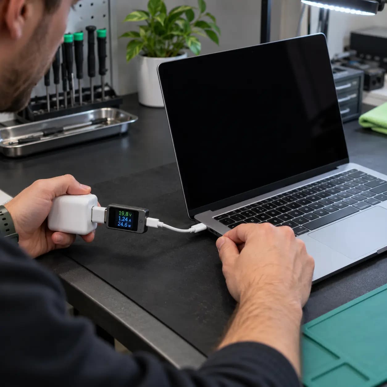 Technician checking a MacBook that will not turn on using a USB-C power meter