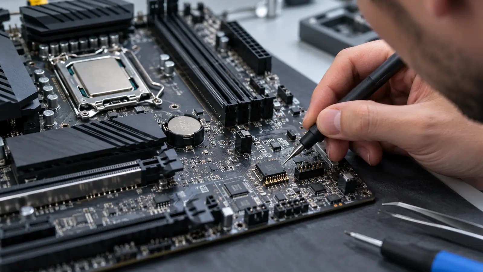 Technician inspecting motherboard firmware and security hardware before a BIOS update