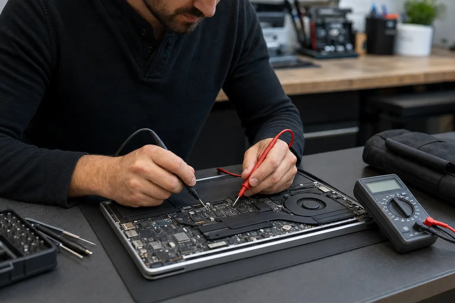 Technician diagnosing possible laptop motherboard failure with a multimeter
