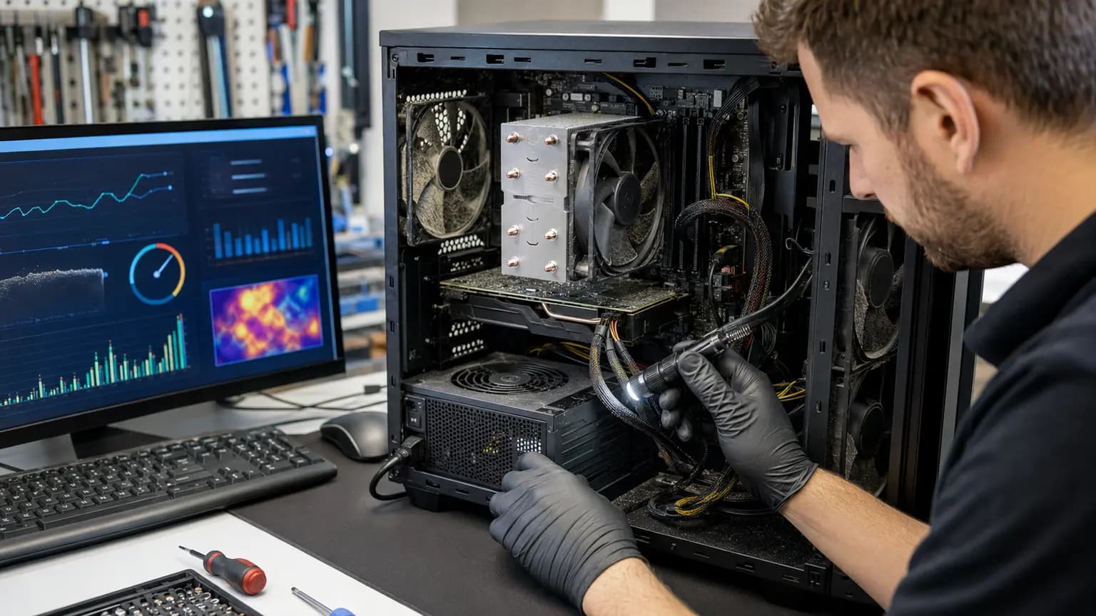 Technician checking a desktop computer power supply and cooling system for random restart causes