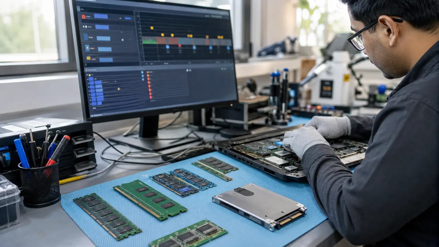 Technician testing computer RAM and SSD while reviewing random restart diagnostic records