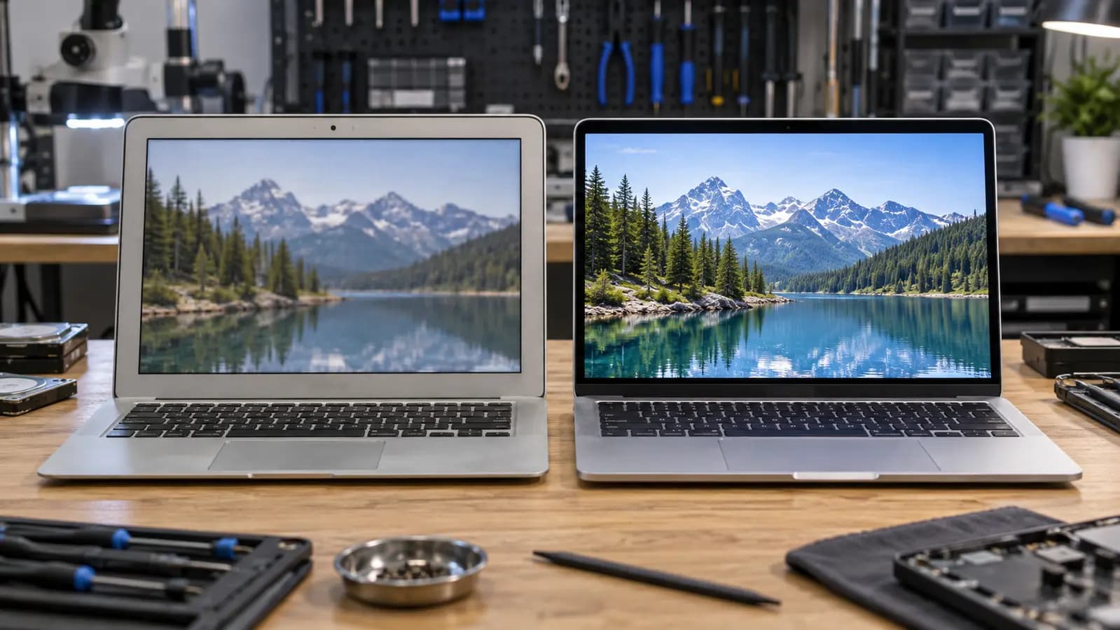 Older non-Retina laptop display compared with a modern high-density Retina-style display