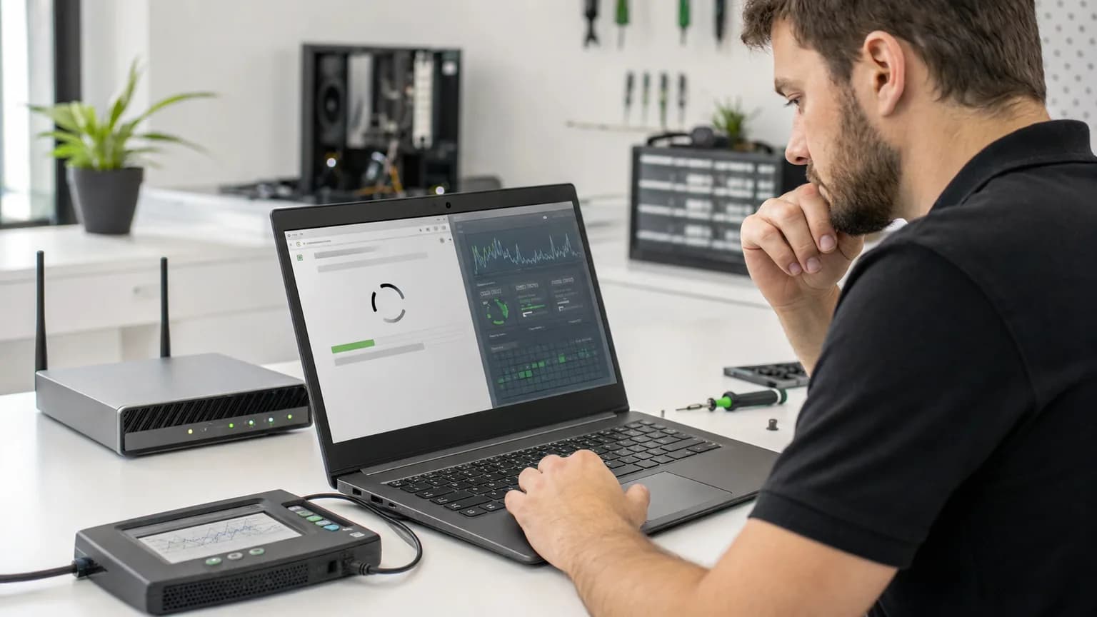 Technician determining whether a laptop is slow because of its internet connection or computer performance