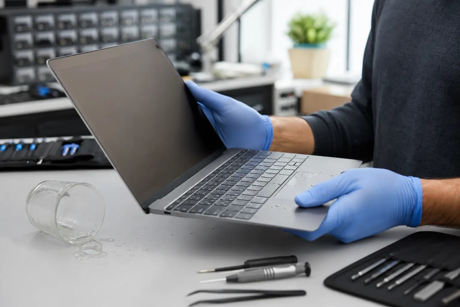 Technician safely inspecting a powered-off laptop after water spilled on its keyboard